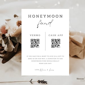 Segno codice QR matrimonio stampabile Boho, segno codice QR fondo luna di miele, codice QR Venmo segno matrimonio moderno, segno minimalista matrimonio luna di miele, BW13