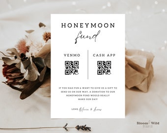 Wedding QR Code Sign Printable Boho, Honeymoon Fund QR Code Sign, Venmo QR Code Modern Wedding Sign, Minimalist Wedding Honeymoon Sign, BW13
