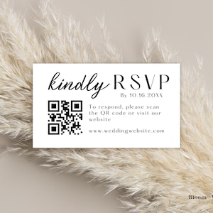 QR-code visitekaartje RSVP, minimalistische bruiloft antwoordkaart, QR-code antwoordkaart, moderne antwoordkaart, RSVP online, vriendelijk antwoordkaart, BW10