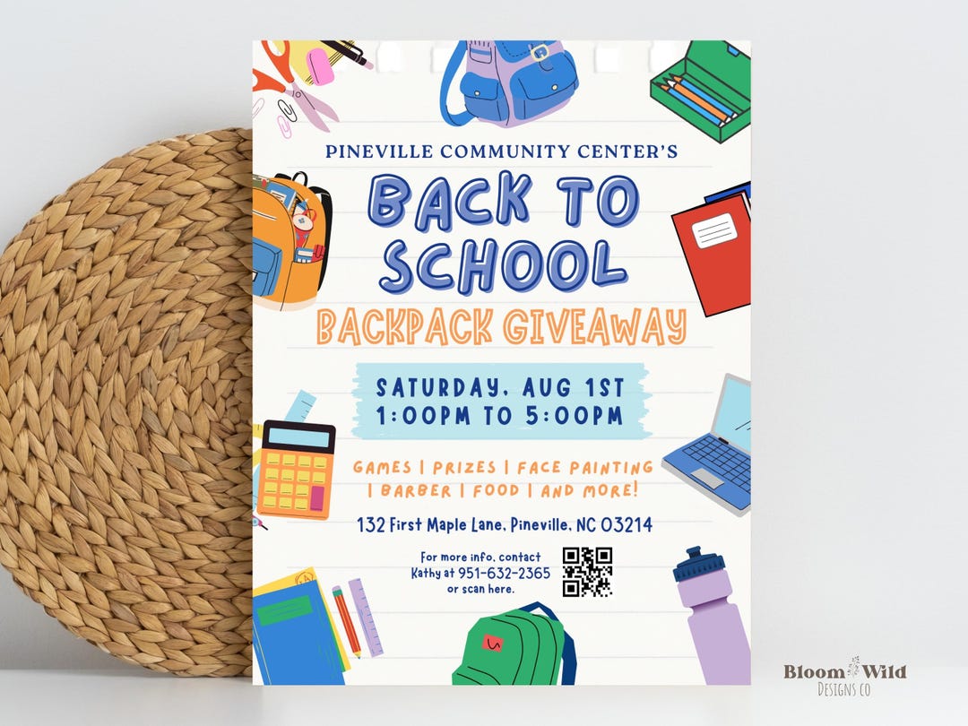 Back to School Backpack Giveaway Flyer Template, School Supply Giveaway ...