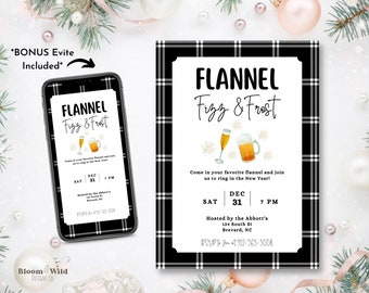 Flannel Fizz and Frost Party Invite, New Years Eve Party Invitation, NYE Celebration Digital Canva Template, Cocktail Party Dinner Printable