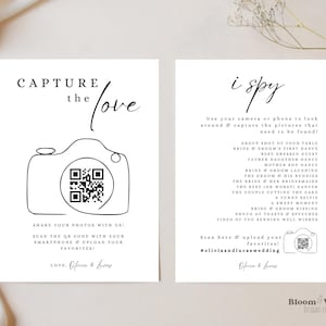 Ik bespioneer bruiloft fotospel sjabloon, Capture The Love Qr Code Card, Photo Scavenger Hunt Printable Canva, Adult Wedding Receptie Games, BW13