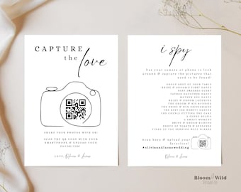 I Spy Wedding Photo Game Template, Capture The Love Qr Code Card, Photo Scavenger Hunt Printable Canva, Adult Wedding Reception Games, BW13