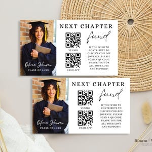 Volgend hoofdstuk Afstuderen insteekkaart, insteekkaart afstuderen voor geschenken QR-code, bijlage College Future Fund, Venmo QR-code canva