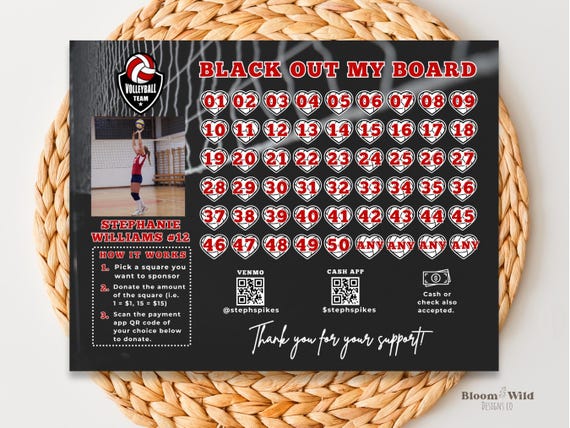 Fundraiser Templates Volleyball, Black Out My Board Fundraiser Editable, Fill My Volleyball Flyer, Personalized Volleyball Template Canva