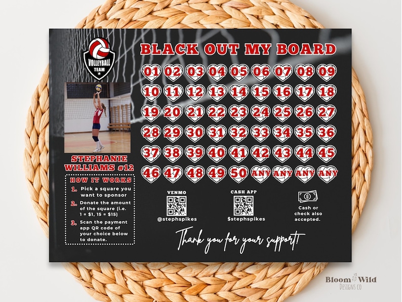 Fundraiser-Vorlagen Vollball, Black Out My Board Fundraiser bearbeitbar, füllen meinen Volleyball-Flyer, personalisierte Volleyball-Vorlage Canva Bild 1
