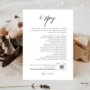 J'espionne le jeu d'invité de mariage, photos de mariage QR Code signe Canva, j'espionne les imprimables pour adultes, chasse au trésor photo de réception de mariage, BW13