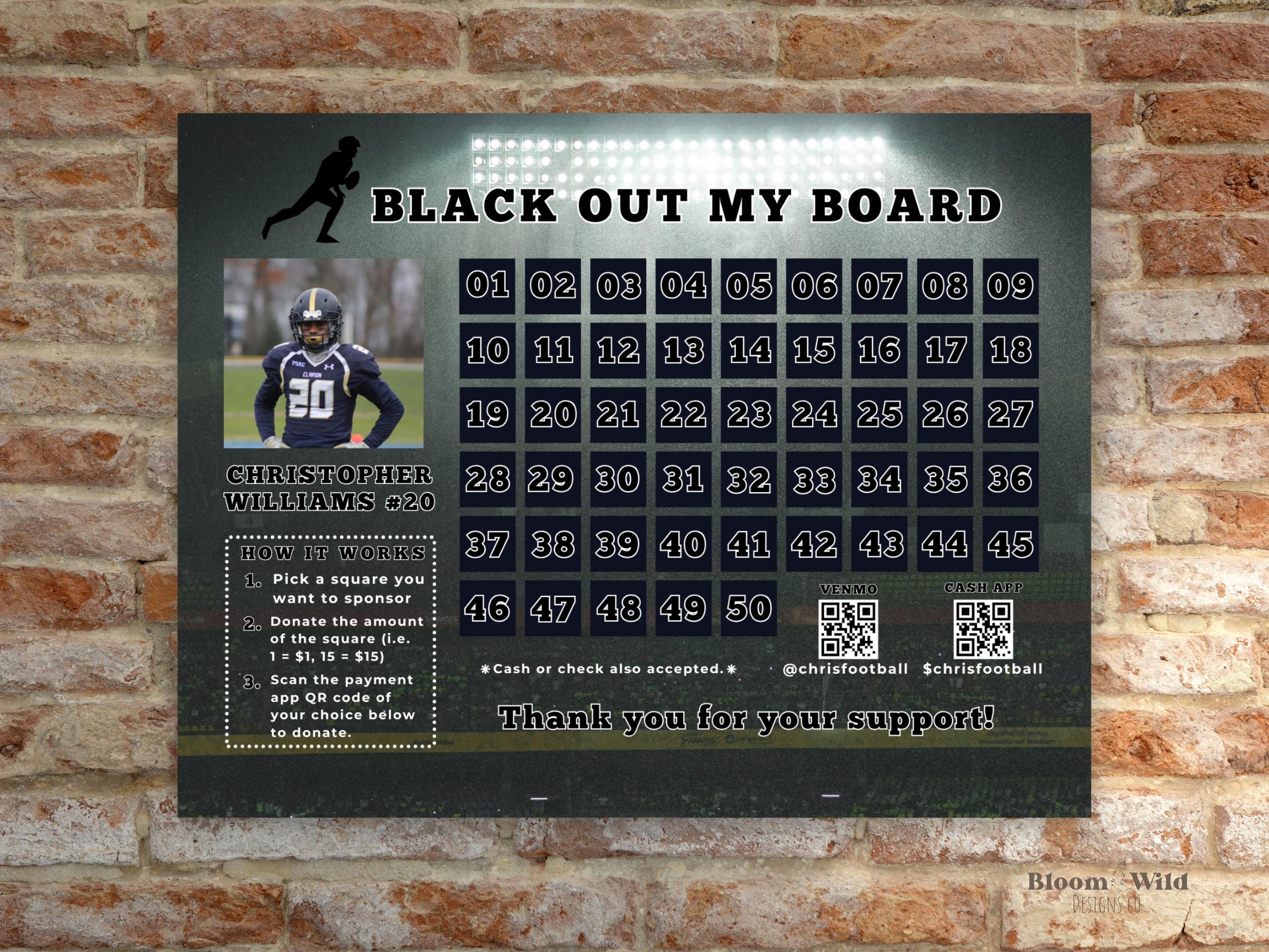 Football Squares Fundraiser, Football Fundraiser Template, Pick A Day Football Fundraiser, Editable Black Out My Board Football Flyer Canva