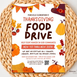 Thanksgiving Food Drive Flyer, Food Drive Template Bundle, Church School Holiday Fundraiser, PTO PTA Community Charity Event, Edit in Canva