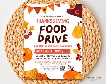 Thanksgiving Food Drive Flyer, Food Drive-Vorlagenpaket, Spendenaktion für Schulferien in der Kirche, PTO PTA-Gemeinschafts-Wohltätigkeitsveranstaltung, in Canva bearbeiten
