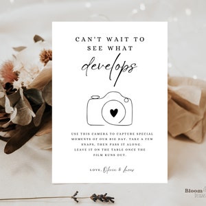 Signe de caméra jetable de mariage, j'ai hâte de voir ce qui se développe, capturez le modèle Love Canva, j'espionne les instructions de la caméra imprimables, BW13