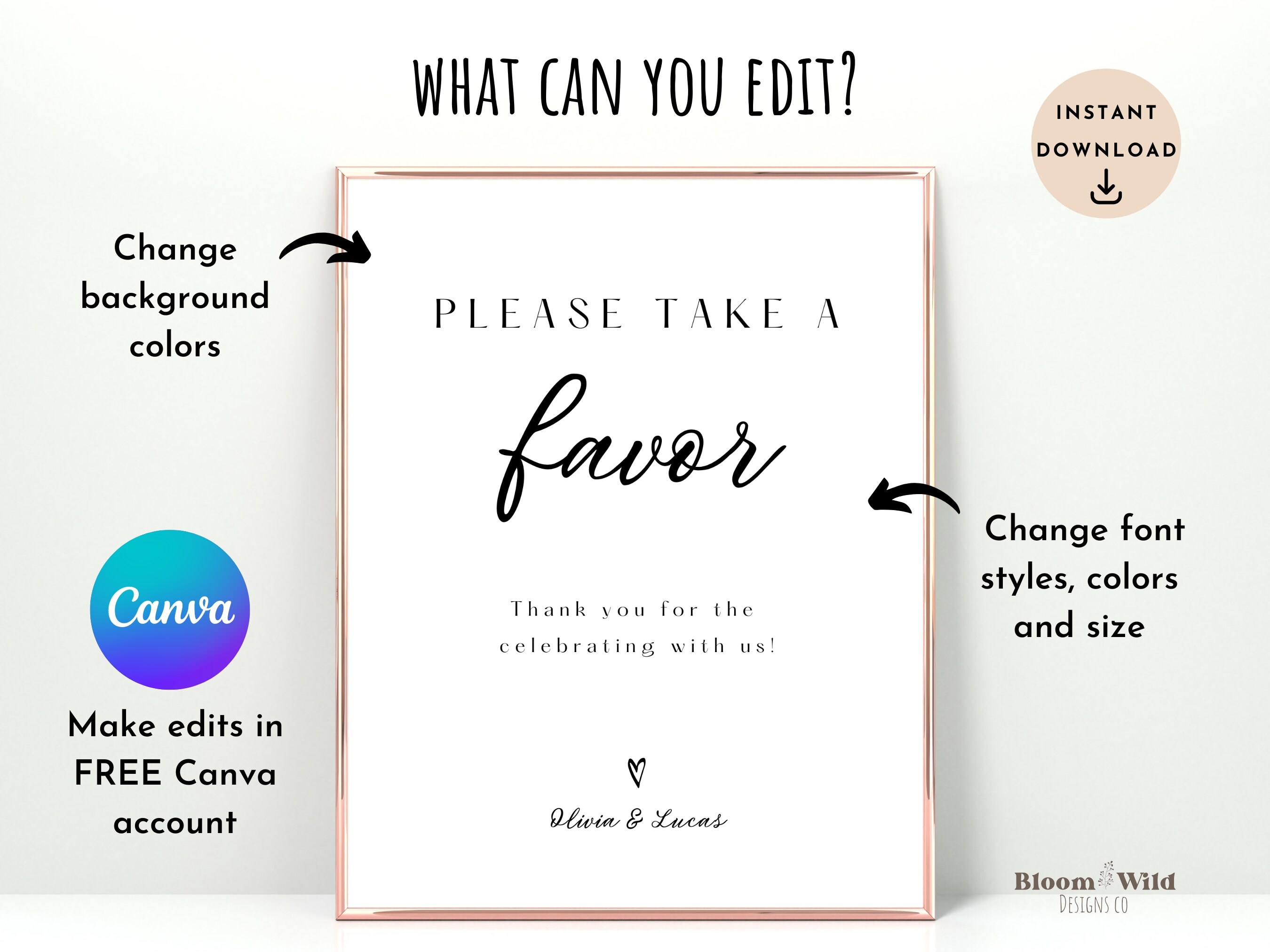 Favors Please Take One Sign Canva, Wedding Favor Sign Template ...
