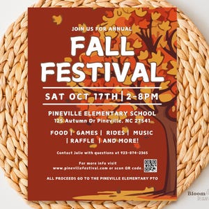 Peut inclure: Une affiche rouge et orange avec un design sur le thème de l'automne. Elle annonce un festival d'automne à l'école élémentaire de Pineville le samedi 17 octobre de 14h à 20h. L'affiche liste des activités telles que de la nourriture, des jeux, des manèges, de la musique et une tombola. Elle comprend également l'adresse et les coordonnées de l'école.