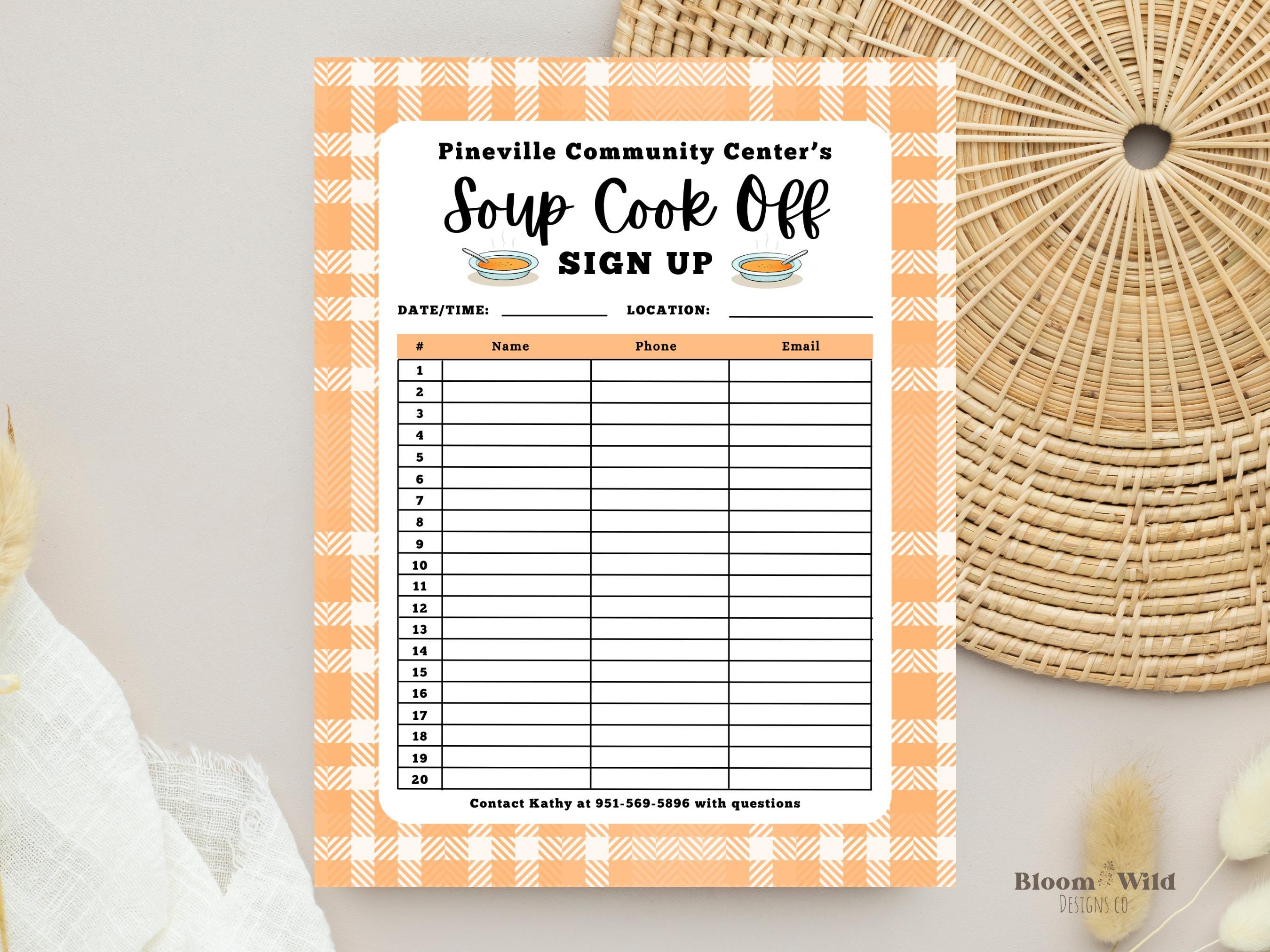 Soup Cook Off Sign Up Sheet Template, Printable Soup Cook off Sign Up Form, School Community Soup Competition Participation Form Canva