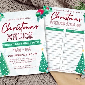 May include: A Christmas potluck sign-up sheet with a festive design featuring green and red Christmas trees. The sheet includes columns for date, time, name, location, and what the person is bringing. The text reads "Pineville Middle School's Christmas Potluck Sign-Up".