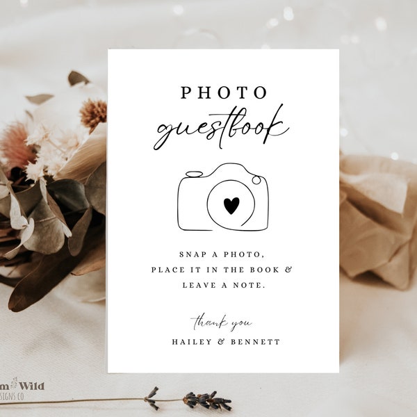Wedding Photo Guestbook Sign Canva, Minimalist Photo Guestbook Template, Polaroid Sign Printable, Leave A Photo, Snap It Shake it, BW13