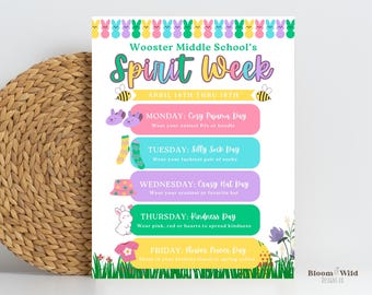 Spirit Week für Ostern, Frühling Spirit Week Flyer für die Schule, Spirit Week Stundenplan, Spirit Week Vorlage bearbeitbar, Spirit Week Reiseplan