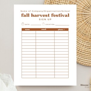 Fall Festival Sign Up Sheet Template, Event Sign Up Sheet Canva Template, Editable Volunteer Sign Up Sheet, Autumn Party Sign-Up Sheet