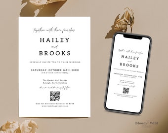 Wedding Invitation Qr Code Rsvp, Wedding Invitation Rsvp QR Canva, Modern Evite with QR code Template, Wedding Card Qr RSVP on Website,BW13