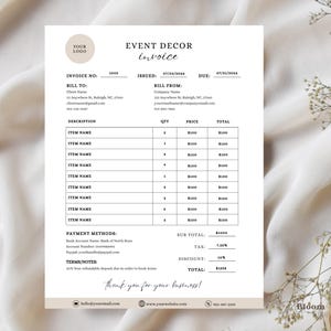 Puede incluir: Una factura de decoración de eventos en beige y blanco. El documento incluye el número de factura, la fecha y los costos detallados. El texto "Event Decor invoice" está en la parte superior. La factura también incluye un mensaje "Thank you for your business!"
