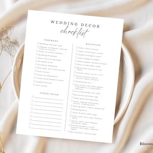 Wedding Reception Decor Checklist, Wedding Ceremony Checklist Canva, Printable Wedding Day Decor Template, Digital Decorations List, BW13