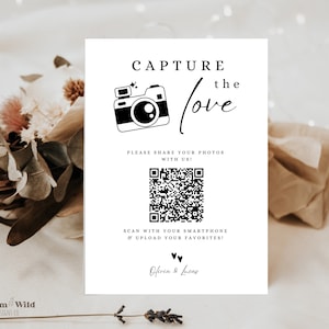 Erfassen Sie die Liebe QR Code, Hochzeit Foto Zeichen Canva, teilen Sie die Liebe Zeichen, Hochzeit QR Code Zeichen druckbare moderne, bearbeitbare Ereignis Zeichen, BW13
