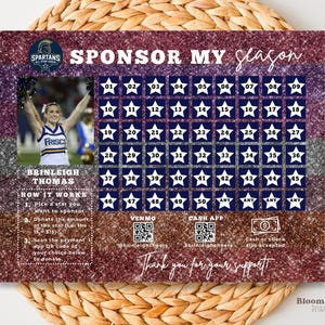 May include: A purple and silver glitter print with the words "Sponsor My Season", a photo of a cheerleader, star-shaped donation squares, and QR codes for payment. The text "Thank you for your support!" is included.