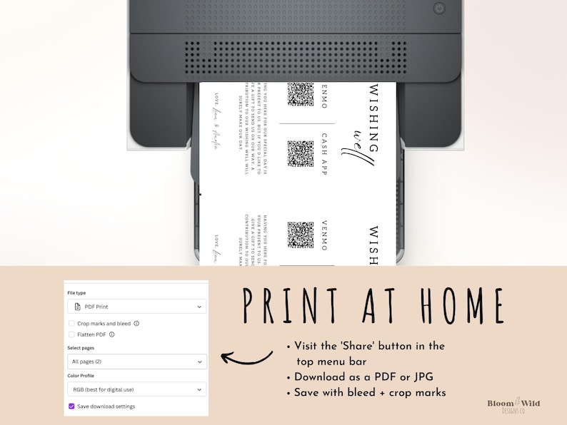 Puede incluir: Una captura de pantalla de una computadora que muestra instrucciones sobre c&oacute;mo imprimir una tarjeta de deseos de boda imprimible. Las instrucciones incluyen visitar el bot&oacute;n 'Compartir' en la barra de men&uacute; superior, descargar como PDF o JPG, y guardar con sangrado y marcas de corte. El texto 'WISHING well' y 'WISH' es visible en la tarjeta.