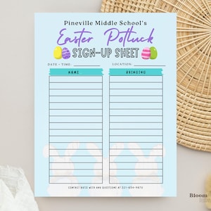 以下が含まれることがあります： 「Pineville Middle School's Easter Potluck Sign-Up Sheet」のテキストが入った、水色のイースターポットラックサインアップシート。名前と持ち物を記入するスペースがあり、イースターエッグのイラストが描かれています。