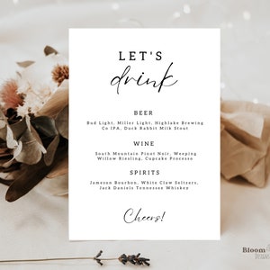 Lassen Sie uns trinken Canva Schild, druckbares Hochzeit Bar Schild, moderne minimalistische Bar Menü Vorlage, Braut Cocktail Liste, Open Bar Schild Download, BW13
