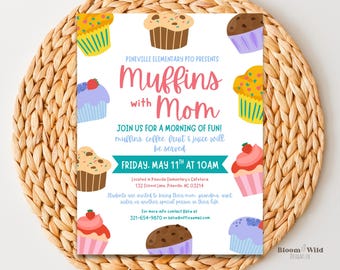 Muffins With Mom Flyer, Muffins With Mom Invitation, Breakfast with Mom Event, Muffins With Mom Template, Mothers Day School Fundraiser