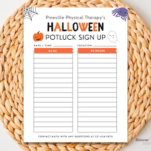 Halloween Potluck Sign Up Sheet, Halloween Luncheon Flyer, Printable Halloween Signup for Work, Office or School Party