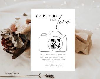 QR-code voor het delen van foto's Bruiloft, Capture The Love Qr Code Sign, Share The Love Qr Code Sign, Qr Code Wedding Sign Canva Template, BW13