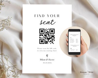 Qr Code Sign Seating Chart, Digital Seating Chart With Qr Code, Alphabetical Order Wedding Seating Chart, Table Plan QR Code Scannable, BW10
