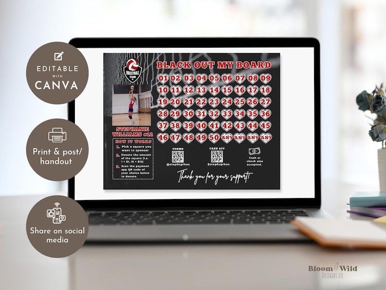 Fundraiser-Vorlagen Vollball, Black Out My Board Fundraiser bearbeitbar, füllen meinen Volleyball-Flyer, personalisierte Volleyball-Vorlage Canva Bild 4