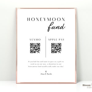 Honeymoon Fund QR Code Sign, Venmo QR Code Modern Wedding Sign, Wedding QR Code Sign Printable, Minimalist Wedding Honeymoon Sign, BW10