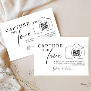 愛を捉える QR コード ウェディング カード、結婚式の写真共有用 QR コード、愛をシェアするカード Canva テンプレート、テーブル用フォト カード、BW13