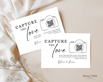 Erfassen Sie die Liebe Qr-Code Hochzeitskarte, QR-Code für die Hochzeit mit Foto teilen, Teilen Sie die Liebeskarten Canva Vorlage, Fotokarten für den Tisch, BW13