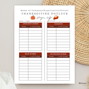 May include: A printable Thanksgiving potluck sign-up sheet with sections for starters, main courses, desserts, and drinks. The sheet features a pumpkin and a slice of pie.