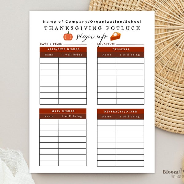 Sign Up Potluck Template, Canva Thanksgiving Potluck Sign Up Form, Printable Autumn Potluck Sign Up Sheet, Fall Friendsgiving Party Sign Up