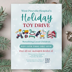 Holiday Toy Drive Flyer Template, Editable Winter Event Canva Flyer w/ QR code, Digital Download School PTO/PTA Community Fundraiser Poster