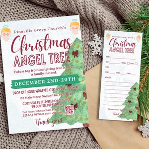 May include: A Christmas Angel Tree flyer with a watercolor illustration of a Christmas tree. The flyer advertises a Christmas Angel Tree event at Pineville Grove Church. The event runs from December 2nd to 20th. The flyer includes a QR code and the address 123 Main Street Snowy Hill, NC 28632.