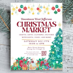 Téléchargement numérique Marché des vacances de Noël, Flyer du festival de Noël Canva, Flyer du festival d’hiver avec code QR, Affiche de la fête des vacances scolaires