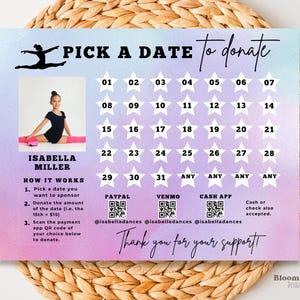 May include: A colorful calendar with a gradient background of pink and blue. The calendar is for donations to support Isabella Miller. It features a photo of Isabella in a gymnastics pose. The calendar has dates from 1 to 31, with the option to donate for any date. It also includes QR codes for PayPal, Venmo, and Cash App.