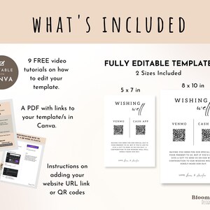 Puede incluir: Una plantilla de cartel de pozo de deseos de boda imprimible con dos tama&ntilde;os, 5x7 pulgadas y 8x10 pulgadas. El cartel incluye un espacio para un c&oacute;digo QR de Venmo y Cash App. El texto del cartel dice "Wishing Well".
