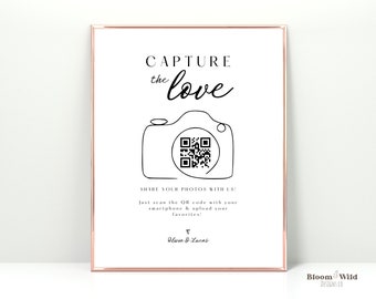 Capture the Love Sign Template, QR Code for Photo Sharing, Minimalist Share The Love Download, Wedding Hashtag Sign Canva Printable, BW10