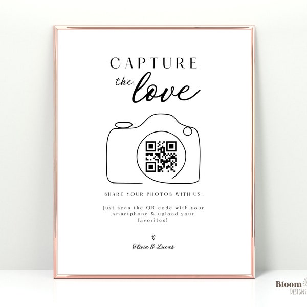 Capture the Love Sign Template, QR Code for Photo Sharing, Minimalist Share The Love Download, Wedding Hashtag Sign Canva Printable, BW10