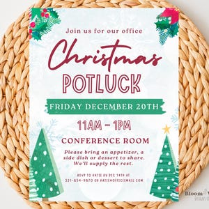 Könnte beinhalten: Eine Weihnachts-Potluck-Einladung mit einem festlichen grün-roten Farbschema. Die Einladung zeigt eine Aquarell-Illustration eines Weihnachtsbaums und Schneeflocken. Der Text lautet "Treffen Sie sich mit uns zu unserem Büro-Weihnachts-Potluck, Freitag, 20. Dezember, 11:00-13:00 Uhr, Konferenzraum. Bitte bringen Sie einen Appetizer, eine Beilage oder ein Dessert zum Teilen mit. Wir liefern den Rest. Bitte melden Sie sich bis zum 14. Dezember bei Katie unter 321-654-9870 oder katie@officeemail.com."
