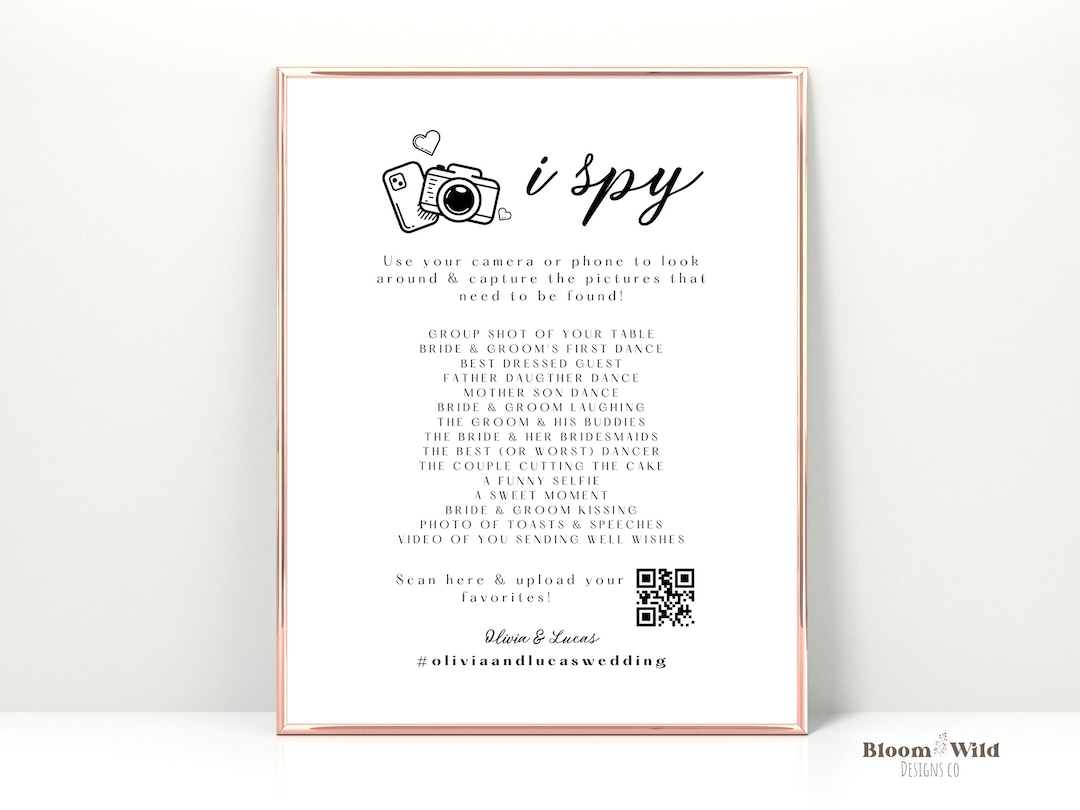 I Spy Wedding With QR Code Template, I Spy Wedding Game Hashtag