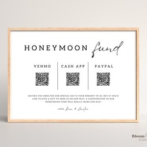 Fondo de luna de miel 3 códigos QR, plantilla Canva Signo Venmo de luna de miel, Signo de boda de código Qr editable, Plantilla de tarjeta de pozo de deseos minimalista, BW13